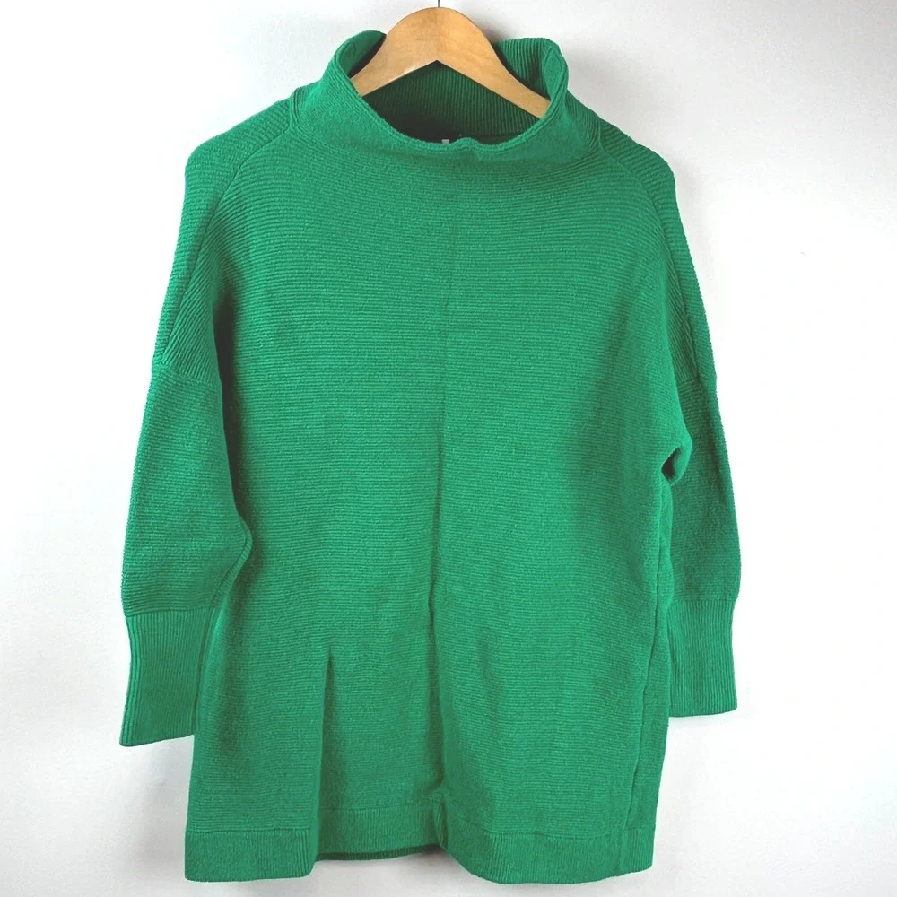 2/$30 Free People  Slouchy Tunic Green Ribbed Mock Neck Oversized Sweater S - Picture 3 of 7